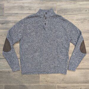 Chaps Quarter Button Mock Neck Sweater Men's Size XL Blue with Elbow Patches